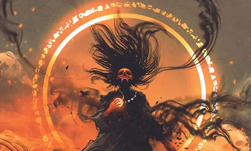A female character with black hair, a skull on their face, holding an orb and unleashing their power