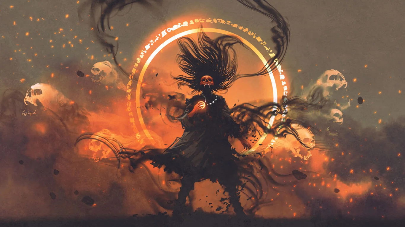 A female character with black hair, a skull on their face, holding an orb and unleashing their power