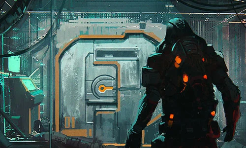 A man in a suit looking at a misterious locked metal door