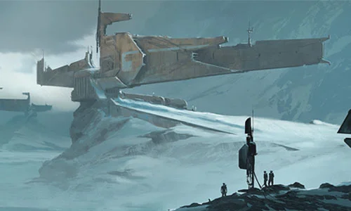 Three people looking at a futuristic polar research station in the distance