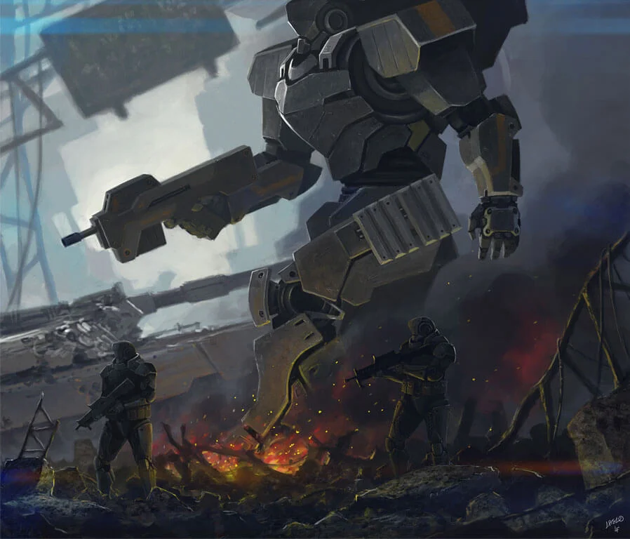 A big combat mech and two armed soldiers moving through a war torn cityscape