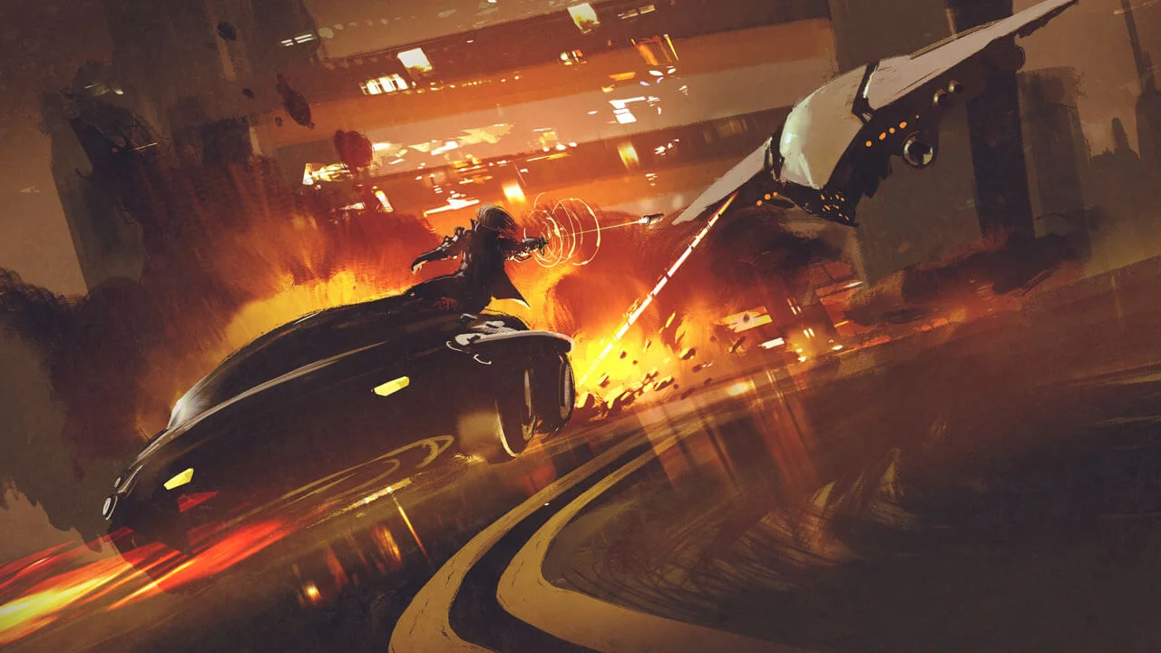 A drone chasing a car downtown