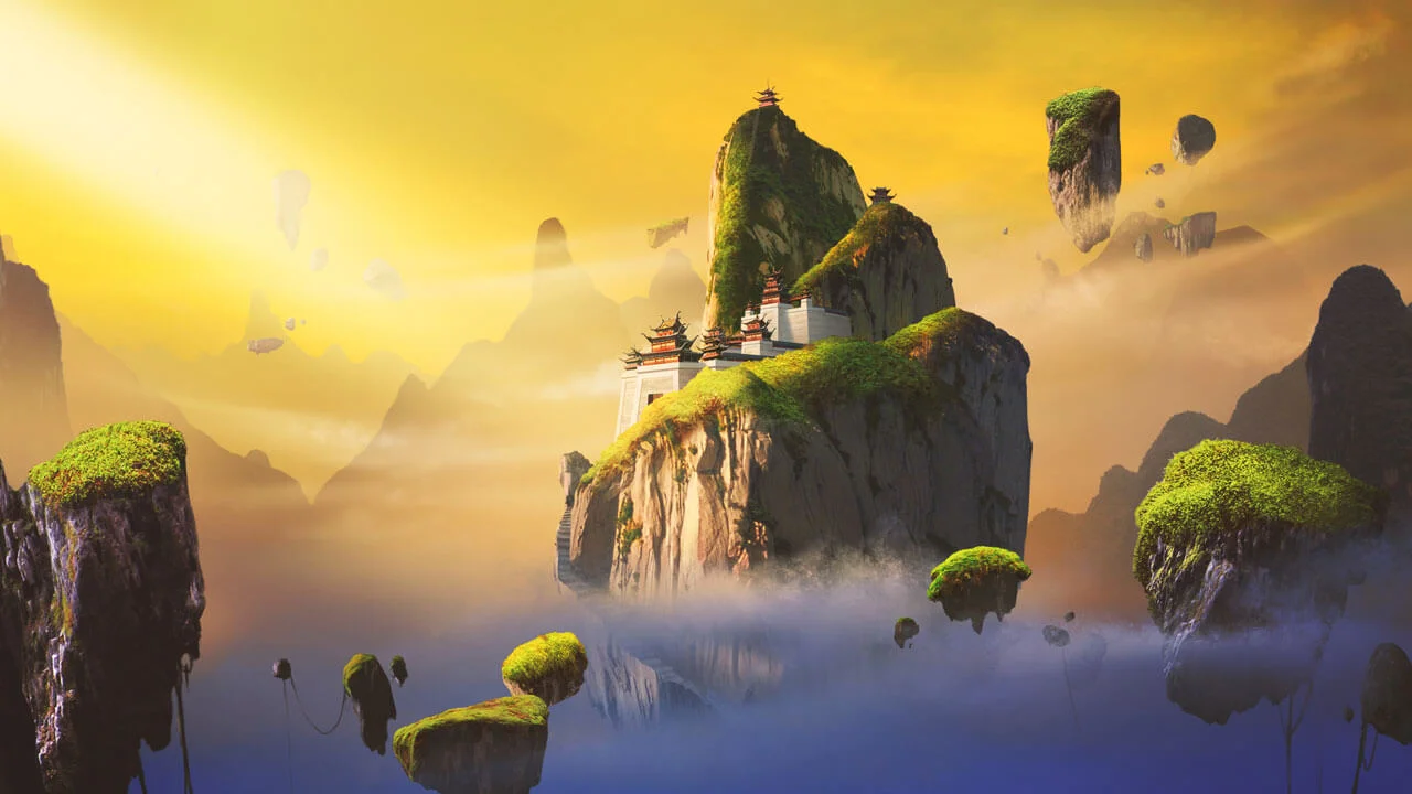 An asian style castle on top of a mountain with floaring rocks around it