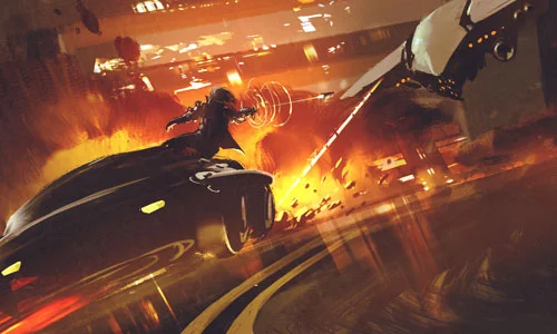 A flying drone chasing and sooting at a car in a city, a passanger from the car shoots back