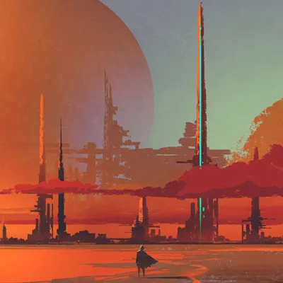 A man looking at a distant cityscape in a desert