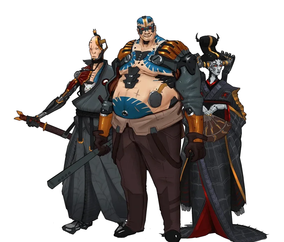 A trio of characters from the video game Ghost Modem featuring a samurai, an enforcer and a geisha