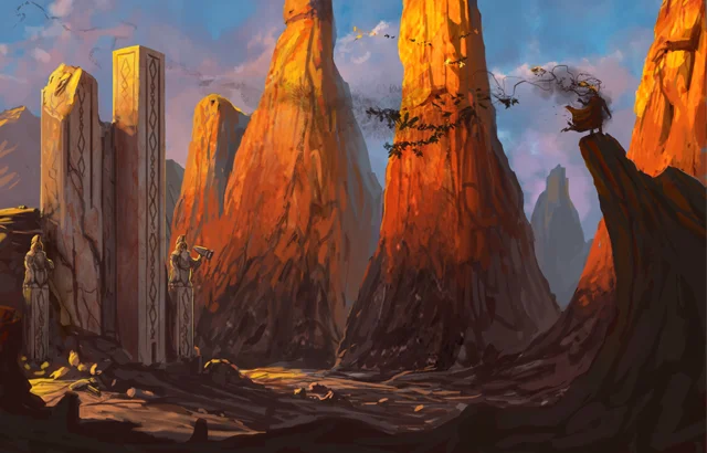 A rocky landscape with tall ruins and a figure standing on top of a rock