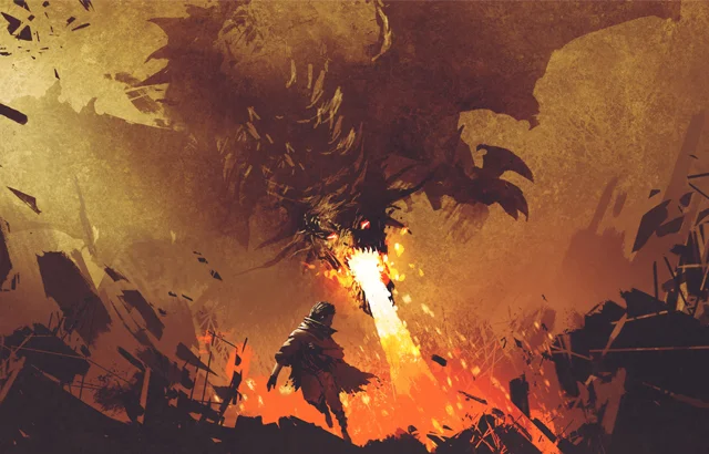 A dragon is swooping down and breathing fire at a person who barely escapes