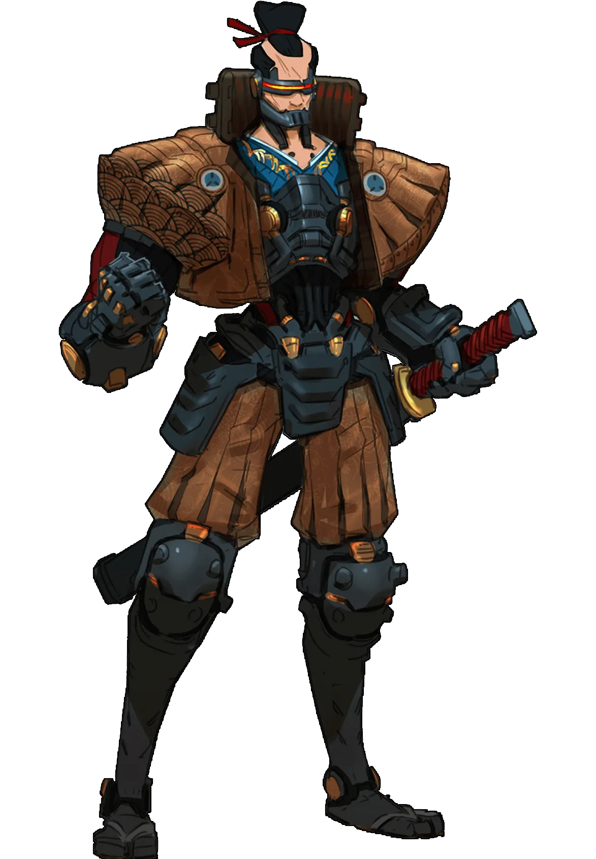 A cyberpunk samurai in a confident pose holding his sword