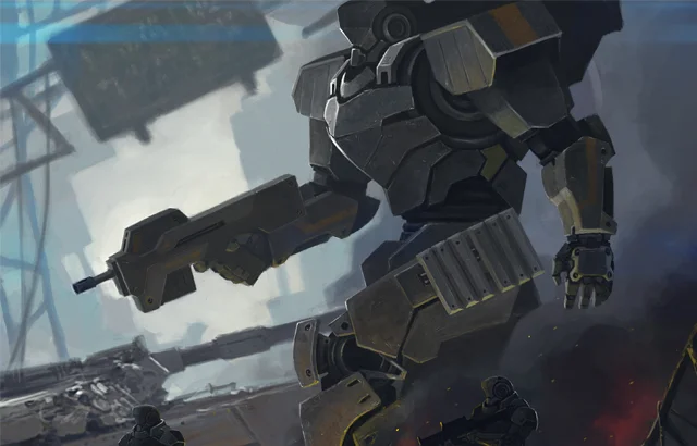 A tall combat mech patrols a ruined city with some soldiers around it