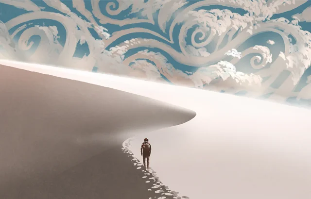 A spaceman wanders a lone white desert