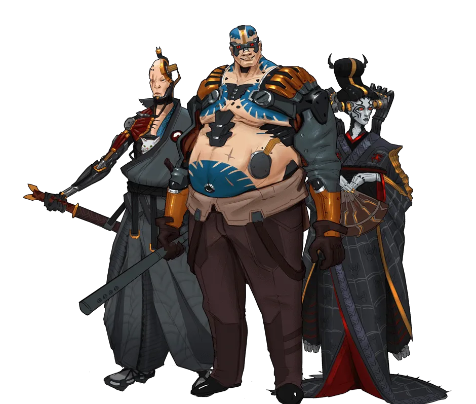 A trio of characters from the video game Ghost Modem featuring a samurai, an enforcer and a geisha