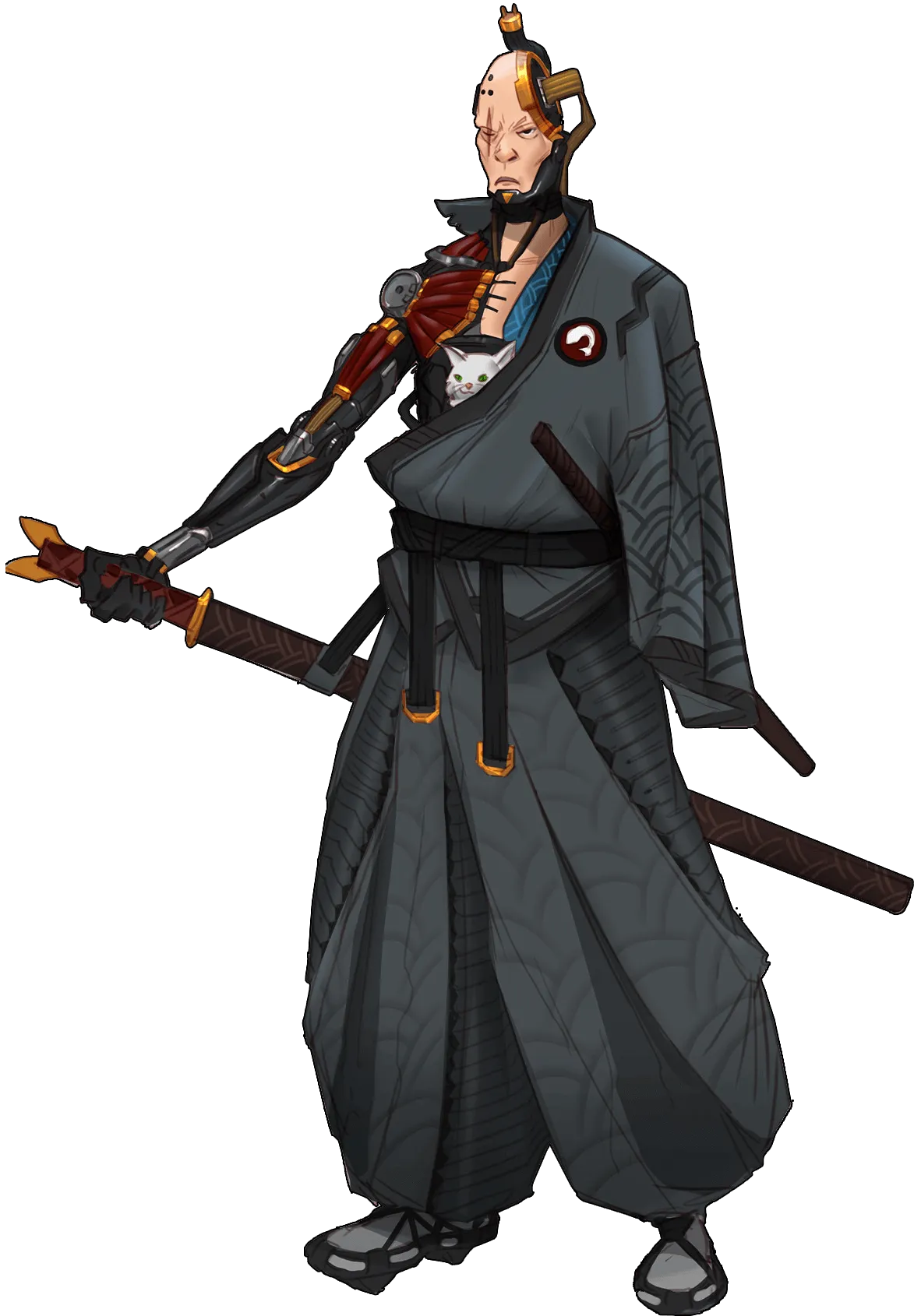 An old samurai in a robe with a cybernetic arm