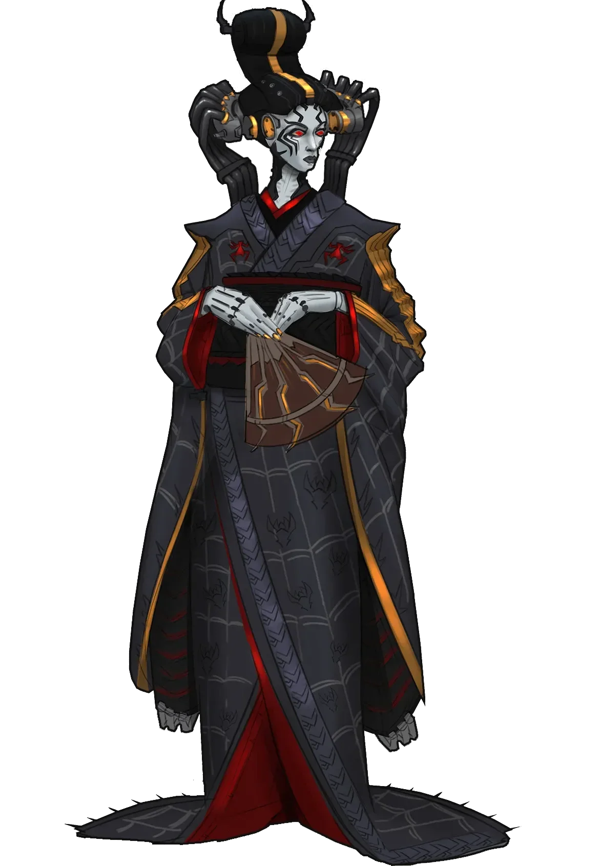 Geisha in a traditional outfit with tech extensions in her hair 