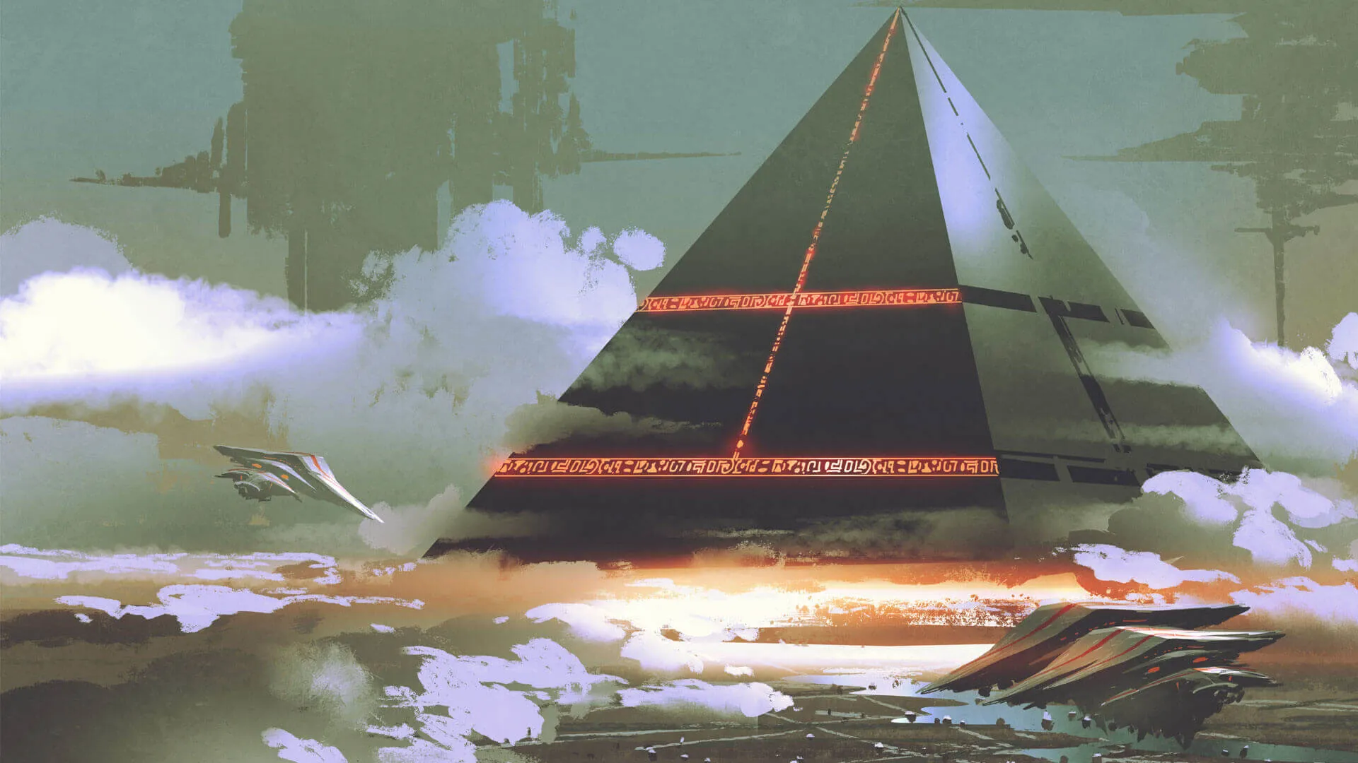 A giant futuristic pyramid pierces through the clouds