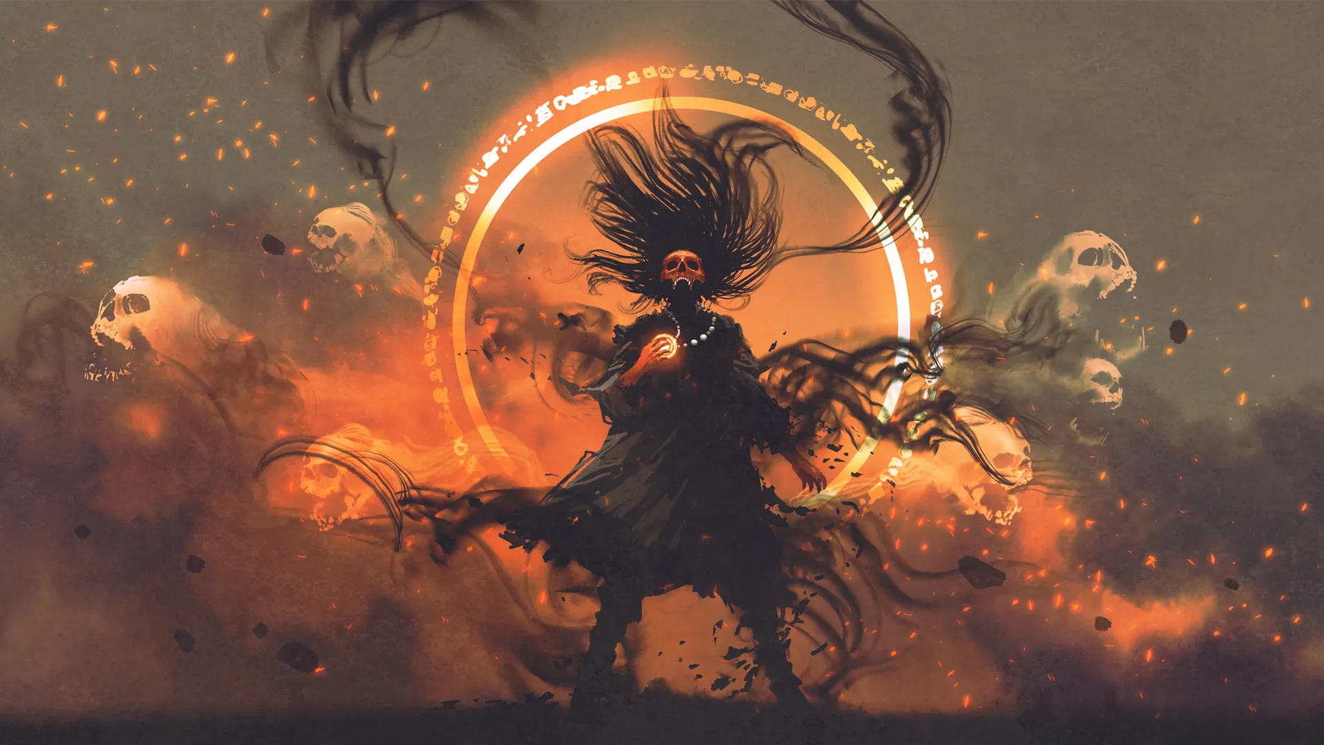 A dark figure with a skull mask is holding a powerful orb and unleashing its power