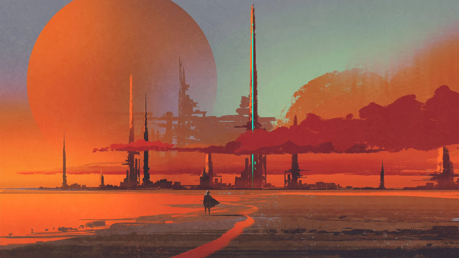 A man stands in a barren landscape looking at a city in the distance