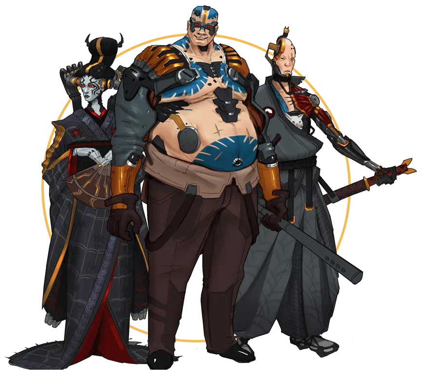 A trio of characters featured in Ghost Modem, a samurai, an enforcer and a geisha
