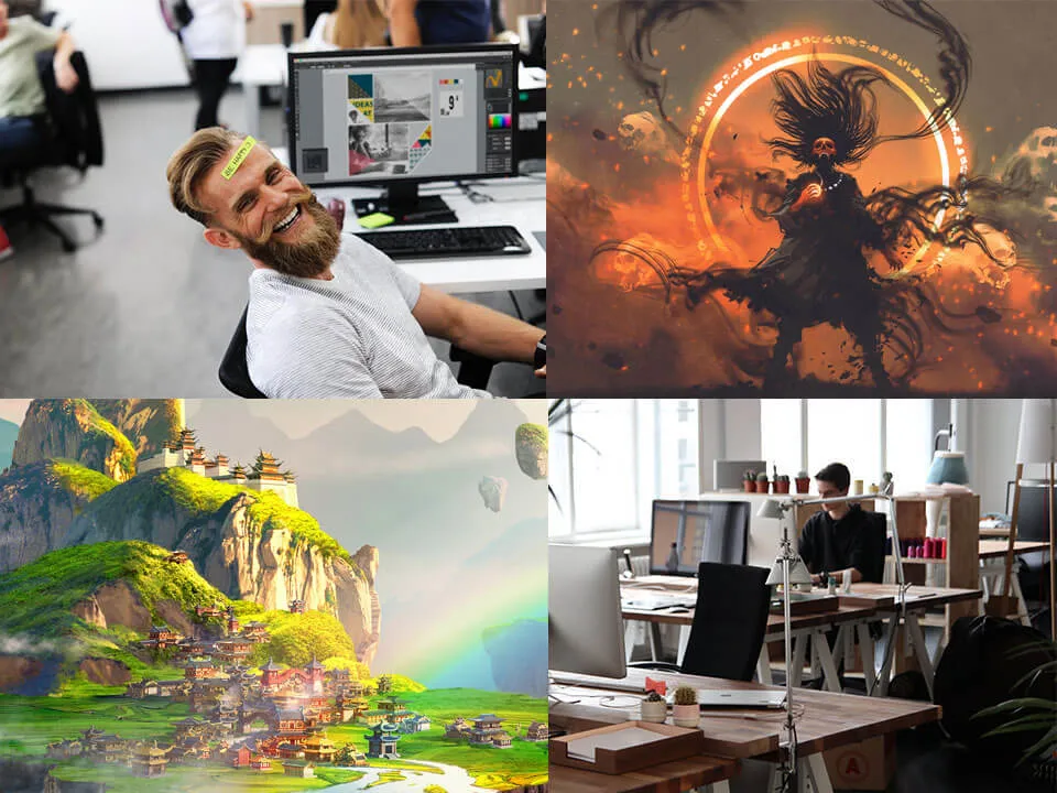 A collage of our office and our games