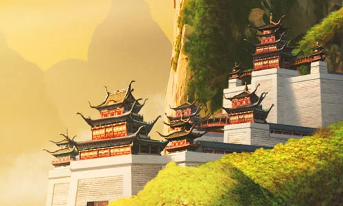 Asian style castle on a geen mountain top