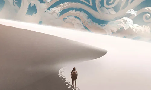 An astronaut walking on a white desert dune
