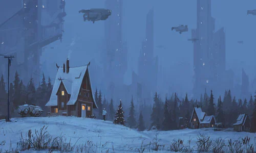 A winter landscape with wooden houses and a futursitic city in the backdround