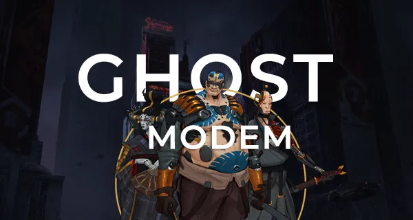 Ghost Modem poster with a samurai, a geisha and a fat yakuza standing infront of a city background