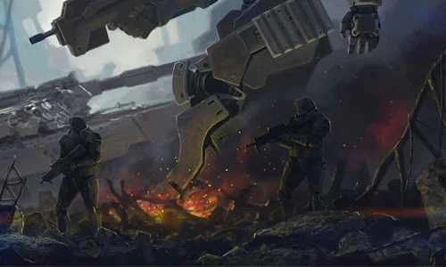 A big combat mech and two soldiers walking through a war torn city